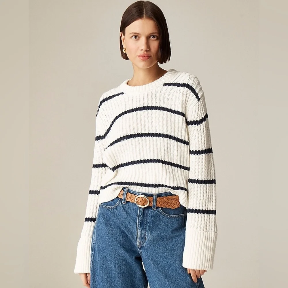 J.Crew Heritage cotton fisherman crewneck sweater in Ivory Navy stripe size XL